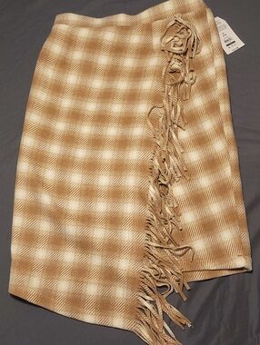 Time and Tru | Tan and Cream Plaid Fringe Skirt Small